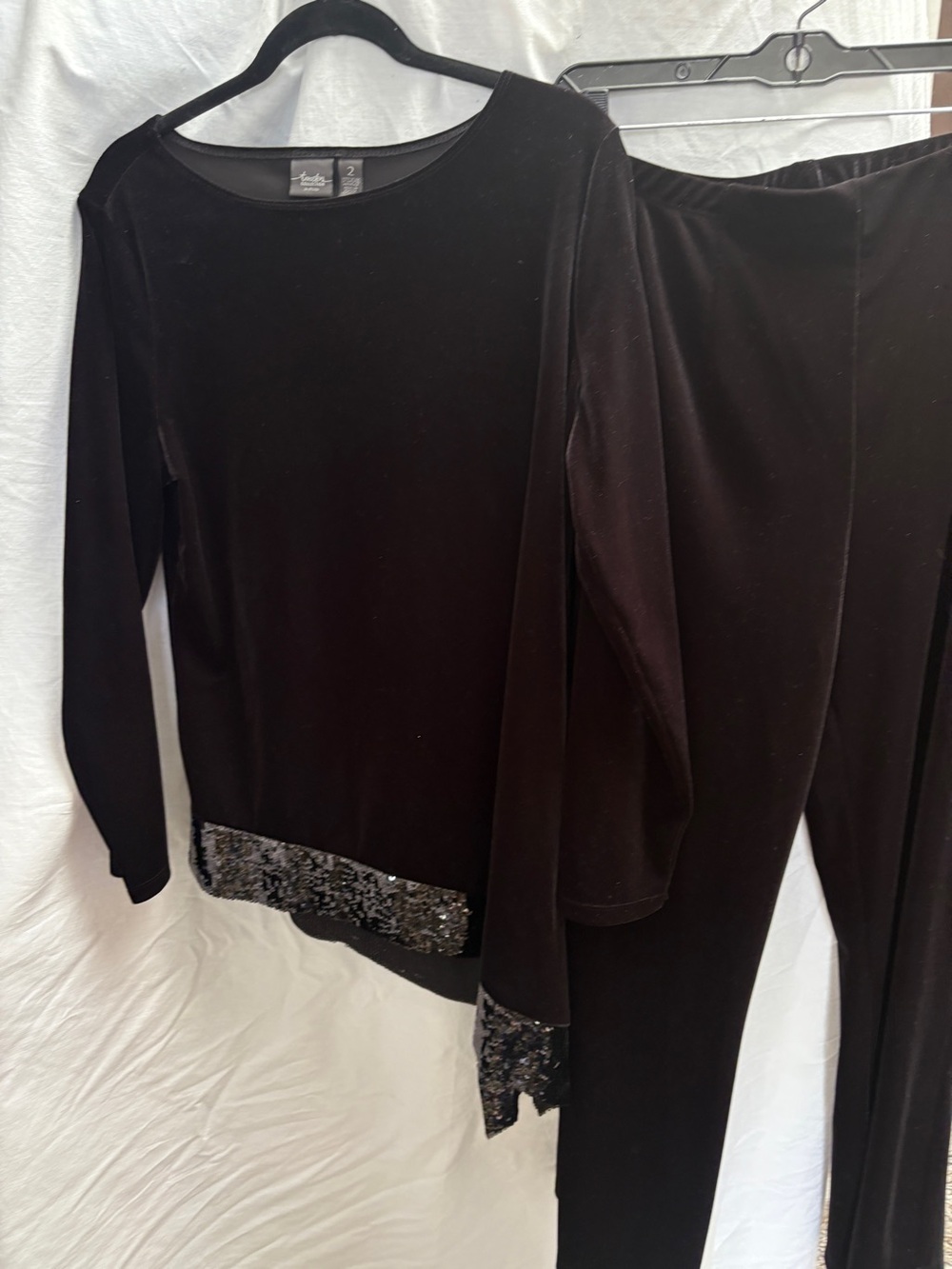 Travelers by Chicos Black Velvet Two-Piece Lounge Set with Sequin Trim